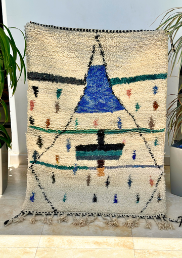 Tapis berbère Azilal crème, bleu 100% laine de mouton 150cm/105cm