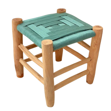 Tabouret artisanal Tazrout  en bois et Kittane vert eau