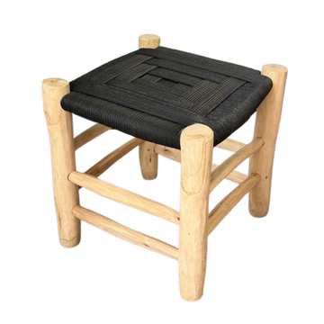 Tabouret artisanal Tazrout  en bois et Kittane noir