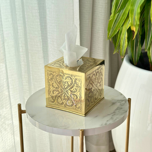 Boîte à mouchoirs cube en laiton doré zwak