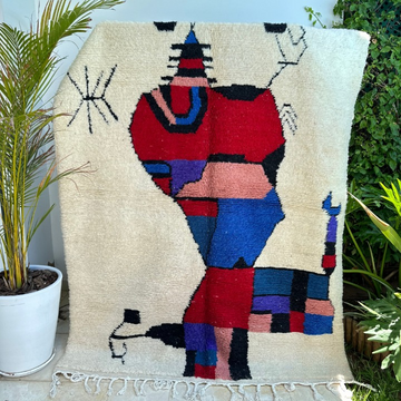 Tapis berbère Azilal crème, rouge et bleu 100% laine de mouton 2,37m/1,69m