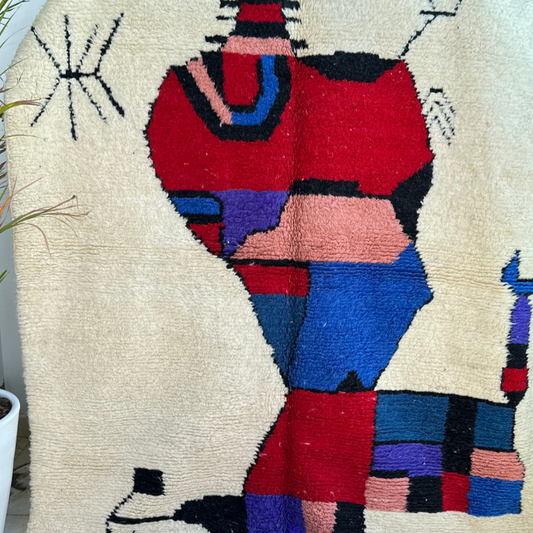 Tapis berbère Azilal crème, rouge et bleu 100% laine de mouton 2,37m/1,69m