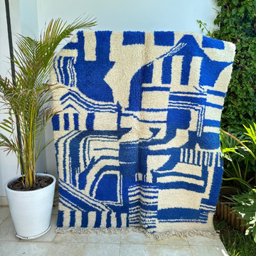 Tapis berbère Azilal bleu et blanc 100% laine de mouton 2m/1,64m