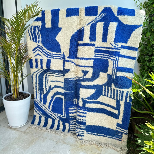 Tapis berbère Azilal bleu et blanc 100% laine de mouton 2m/1,64m