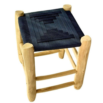 Tabouret artisanal Tazrout  en bois et Kittane bleu