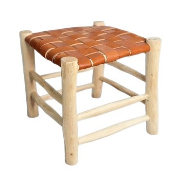 Tabouret artisanal Tazrout en bois naturel et cuir camel petit