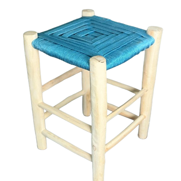 Tabouret artisanal Tazrout bleu canard en bois et Kittane tressé