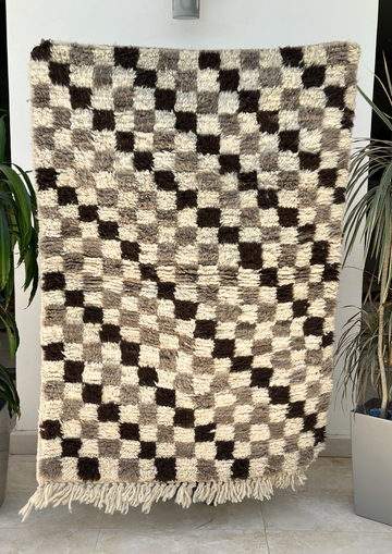 Tapis berbère Beni Ouarain damier crème, taupe et marron 100% laine de mouton - 150cm / 108cm