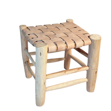 Tabouret artisanal Tazrout en bois et cuir beige petit