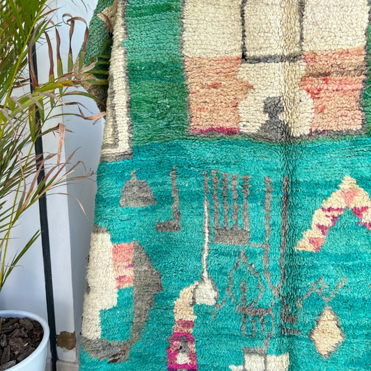 Tapis berbère Azilal Turquoise 100% laine de mouton 2,67m/1,72m