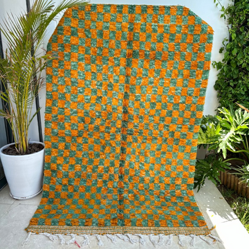 Tapis berbère Beni Ouarain damier orange et vert 100% laine de mouton - 2,54m/1,54m