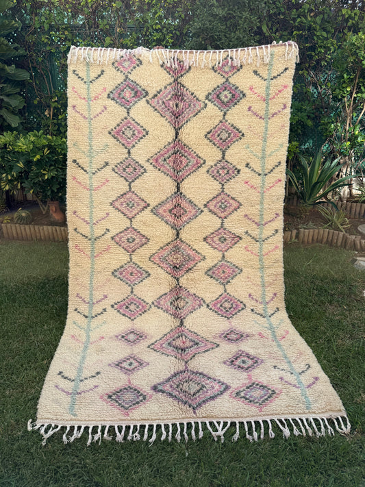 Tapis Berbère Azilal 100% Crème violet en Laine De Mouton 250m /1,41m