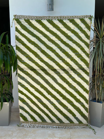 Tapis berbère Beni Ouarain rayé vert 100% laine de mouton - 176cm / 110cm