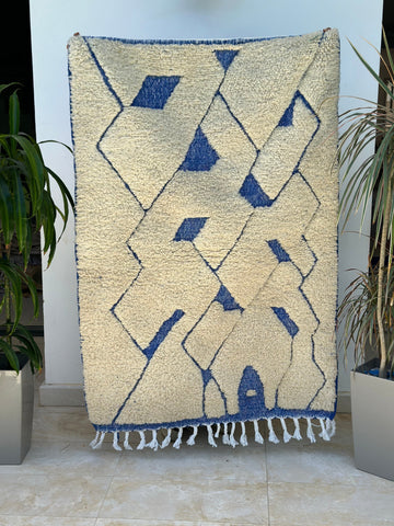 Tapis berbère Beni Ouarain crème bleu 100% laine de mouton - 154cm / 103cm