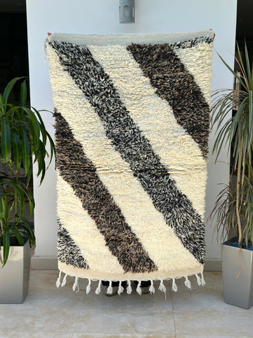 Tapis berbère Beni Ouarain noir marron et crème 100% laine de mouton - 153cm / 92cm