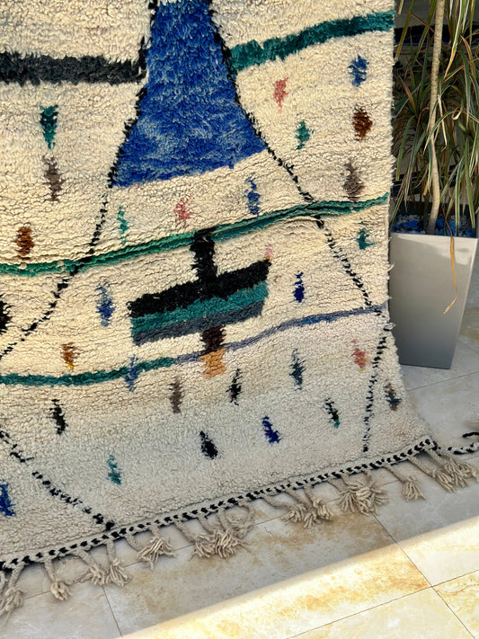 Tapis berbère Azilal crème, bleu 100% laine de mouton 150cm/105cm