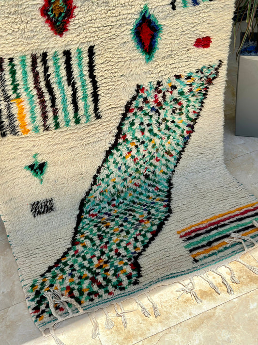 Tapis berbère Azilal crème, turquoise 100% laine de mouton 166cm/95cm