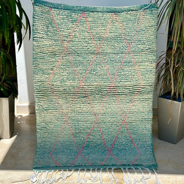 Tapis berbère Beni Ouarain turquoise et rose 100% laine de mouton - 143cm / 97cm