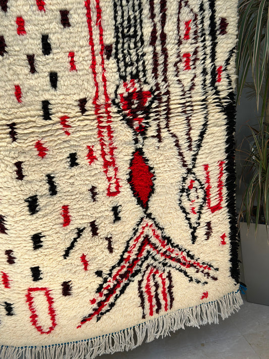 Tapis berbère Azilal crème, noir et rouge 100% laine de mouton 160cm/103cm