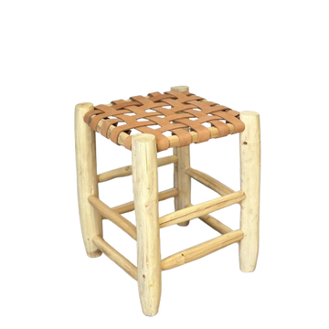 Tabouret artisanal Tazrout  en bois et cuir