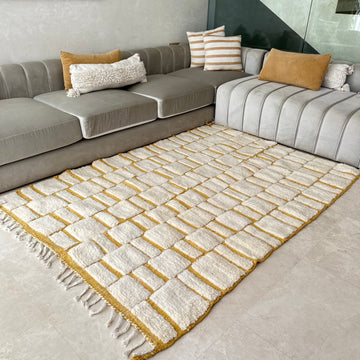 Tapis berbère Beni Ouarain crème et jaune 100% laine de mouton - 2,46m / 1,54m