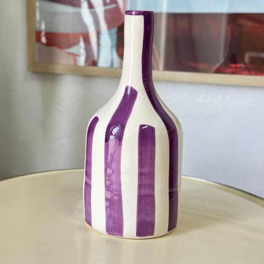 Vase artisanal bouteille mauve rayé
